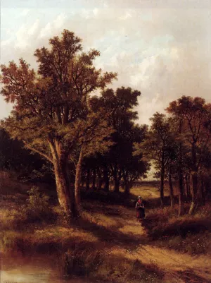 Wooded Landscape with a Faggot Gatherer on a Sandy Track by Abraham Hulk Jun Oil Painting