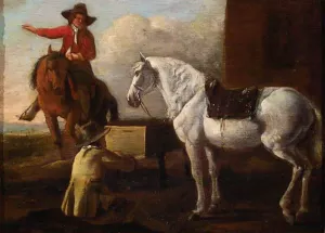Young Artist Painting a Horse and Rider by Abraham Van Calraet Oil Painting