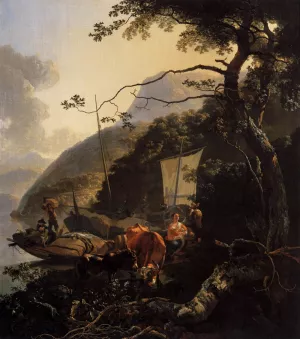 Boatmen Moored on the Shore of an Italian Lake by Adam Pynacker Oil Painting