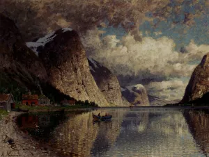 A Cloudy Day On A Fjord by Adelsteen Normann Oil Painting