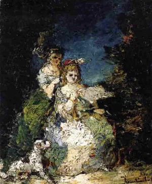 Young Girls and Dog in a Park by Adolphe Joseph Monticelli Oil Painting