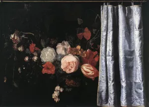 Flower Still-Life with Curtain by Adrian Van Der Spelt Oil Painting