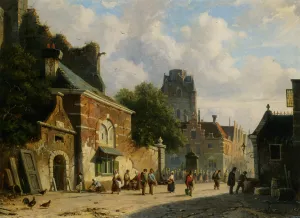 A Busy Street in a Dutch Town by Adrianus Eversen Oil Painting