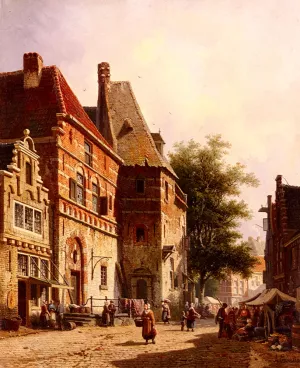 A Sunlit Street on a Market Day by Adrianus Eversen Oil Painting