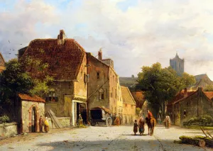 Figures in a Dutch Town by Adrianus Eversen Oil Painting
