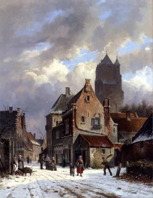 Figures In A Snowy Village Street by Adrianus Eversen Oil Painting