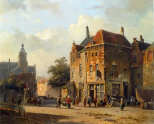 Figures in the Streets of a Dutch Town by Adrianus Eversen Oil Painting