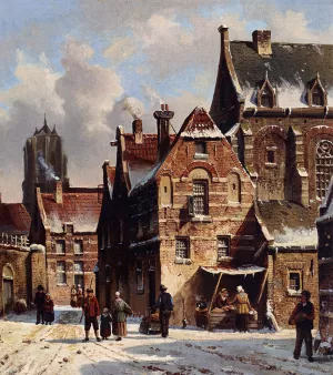 Figures In The Streets Of A Wintry Town by Adrianus Eversen Oil Painting