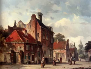 View of a Town With Figures in a Sunlit Street by Adrianus Eversen Oil Painting