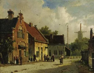 Village Street, Windmill in Distance by Adrianus Eversen Oil Painting