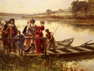 At The Ferry by Adrien Moreau Oil Painting