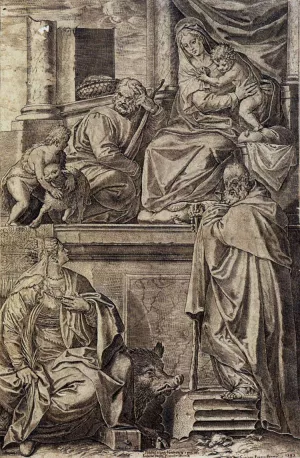 The Holy Family with Sts Anthony Abbot, Catherine and the Infant St John by Agostino Carracci Oil Painting