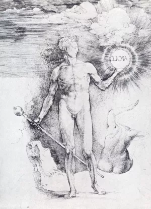 Apollo With The Solar Disc And Diana Trying To Shield Herself From The Rays With Her Uplifted Hand by Albrecht Duerer Oil Painting