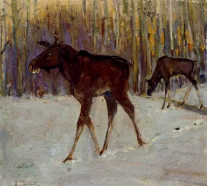 Elks In Winter Woodland by Aleksi Stepanovich Stepanov Oil Painting