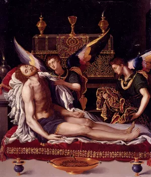 Dead Christ Attended By Two Angels by Alessandro Allori Oil Painting