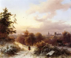 Winter: A Peasant on a Path in a Wooded Landscape, a Town in the Background by Alexander Joseph Daiwaille Oil Painting