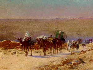 The Caravan in The Desert by Alexis Auguste Delahogue Oil Painting