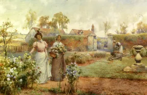 A Lady and Her Maid Picking Chrysanthemums by Alfred Glendening Oil Painting