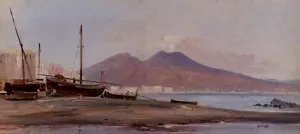 Fishing Boats Along The Sorrentine Coast With A View Of Mount Vesuvius by Alphee De Regny Oil Painting