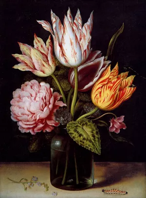 Still Life with Bouquet of Tulips, a Rose, Clover, and Cyclamen in a Green Glass Bottle by Ambrosius Bosschaert The Elder Oil Painting