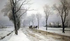 An Extensive Winter Landscape With a Horse and Cart by Anders Andersen-Lundby Oil Painting