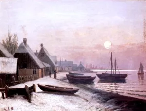 Fishing Boats in Winter by Anders Andersen-Lundby Oil Painting