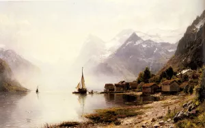 Norwegian Fjord with Snow Capped Mountains by Anders Monsen Askevold Oil Painting