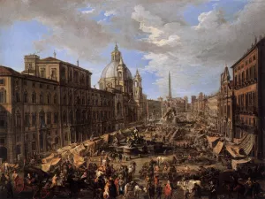 Market in the Piazza Navona in Rome by Andrea Locatelli Oil Painting