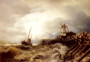 A Fishing Boat Caught In A Squall Off A Jetty by Andreas Achenbach Oil Painting