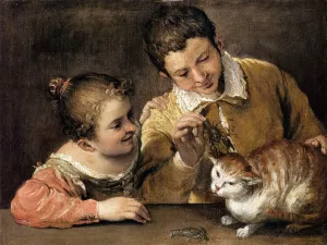 Two Children Teasing a Cat by Annibale Carracci Oil Painting