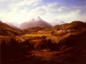 Berchtesgaden with the Watzmann Mountain in the distance by Anton Schiffer Oil Painting