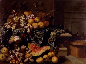 A Landscape with a Still Life of a Melon, Watermelon, Peaches, Grapes, a Pomegranate, Cherries and Roses Oil painting by Antonio Gianlisi The Younger