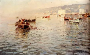 Fishing Vessels Off A Coast by Attilio Pratella Oil Painting