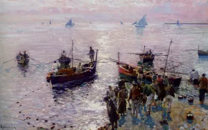 Loading The Boats at Dawn by Attilio Pratella Oil Painting