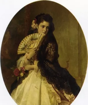An Elegant Lady with a Fan Wearing a Black Shawl by August Wilhelm Sahn Oil Painting