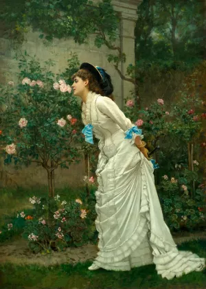 Girl and Roses by Auguste Toulmouche Oil Painting