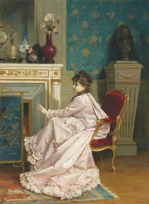 Woman by a Fireplace by Auguste Toulmouche Oil Painting