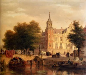 A Sunlit Townview with Figures Gathered On A Square Along A Canal by Bartholomeus Johannes Van Hove Oil Painting