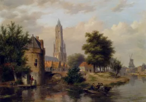 View of a Riverside Dutch Town by Bartholomeus Johannes Van Hove Oil Painting