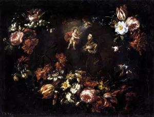 Garland of Flowers with St Anthony of Padua by Bartolome Perez Oil Painting