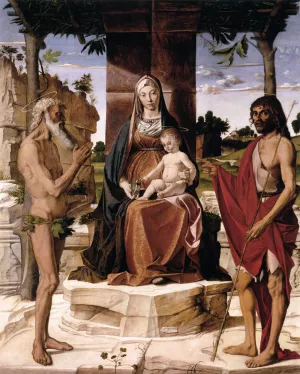 Madonna and Child under a Pergola with St John the Baptist and St Onofrius by Bartolomeo Montagna Oil Painting