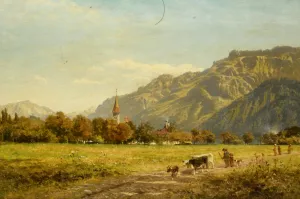 A Fine Autumn Day at Interlaken by Benjamin Williams Leader Oil Painting