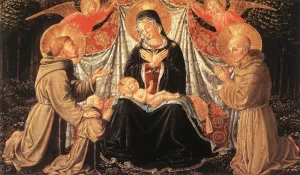 Madonna and Child with Sts Francis and Bernardine, and Fra Jacopo by Benozzo Di Lese Di Sandro Gozzoli Oil Painting