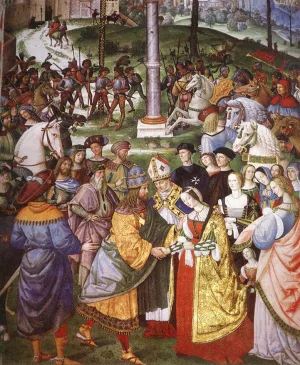 No. 5: Enea Silvio Piccolomini Presents Frederick III to Eleonora of Portugal Detail by Bernardino Pinturicchio Oil Painting