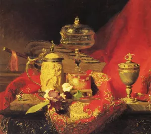 A Still Life With Iris And Urns On A Red Tapestry by Blaise Alexandre Desgoffe Oil Painting