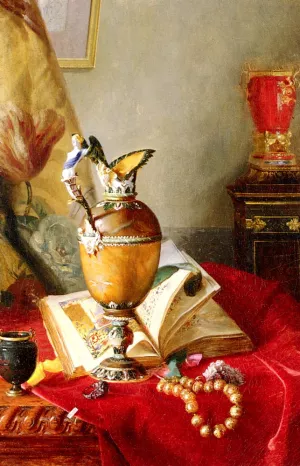 A Still Life With Urns And Illuminated Manuscript On A Draped Table by Blaise Alexandre Desgoffe Oil Painting