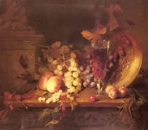 Still Life with Fruit, a Glass of Wine and a Bronze Vessel on a Ledge by Blaise Alexandre Desgoffe Oil Painting