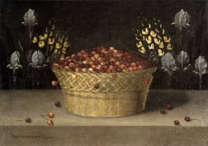 Basket of Cherries and Flowers by Blas De Ledesma Oil Painting