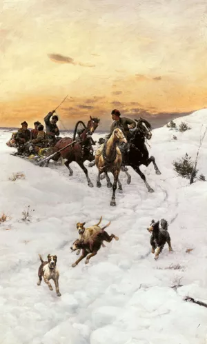 Figures in a Horse drawn Sleigh in a Winter Landscape by Bodhan Von Kleczynski Oil Painting
