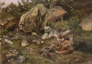 A Family of Foxes by Bruno Liljefors Oil Painting